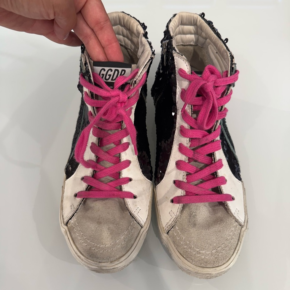 Golden Goose High-Top Sneakers - Black and White with Pink Laces